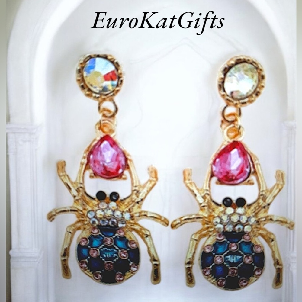NWT BETSEY JOHNSON Spider Earrings Gold Purple Blue Crystal Rhinestones NEW